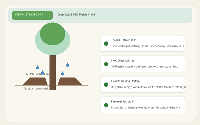 Diagram showing the 3-3-3 mulch donut rule and slow deep soak watering techniques