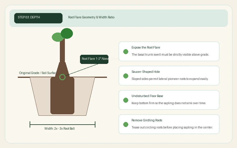 Illustration of saucer-shaped planting hole with root flare aligned 1-2 inches above soil grade