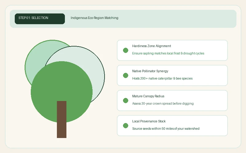Educational diagram for selecting native tree species based on hardiness zones and biodiversity