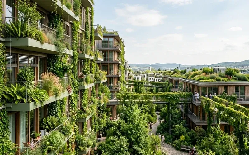 Urban tree canopy overhead filtering ambient sunlight and atmospheric pollution