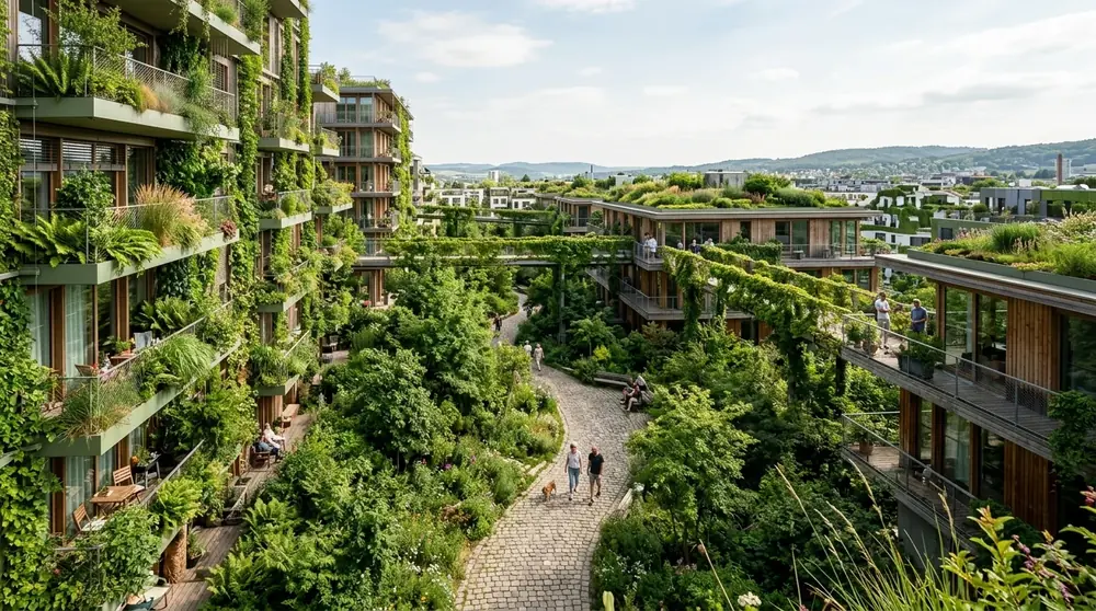Lush urban Miyawaki micro-forest planted adjacent to modern eco-friendly city architecture