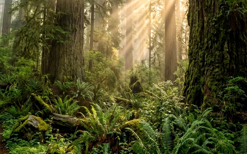 Shaded forest understory with diverse juvenile native ferns and saplings