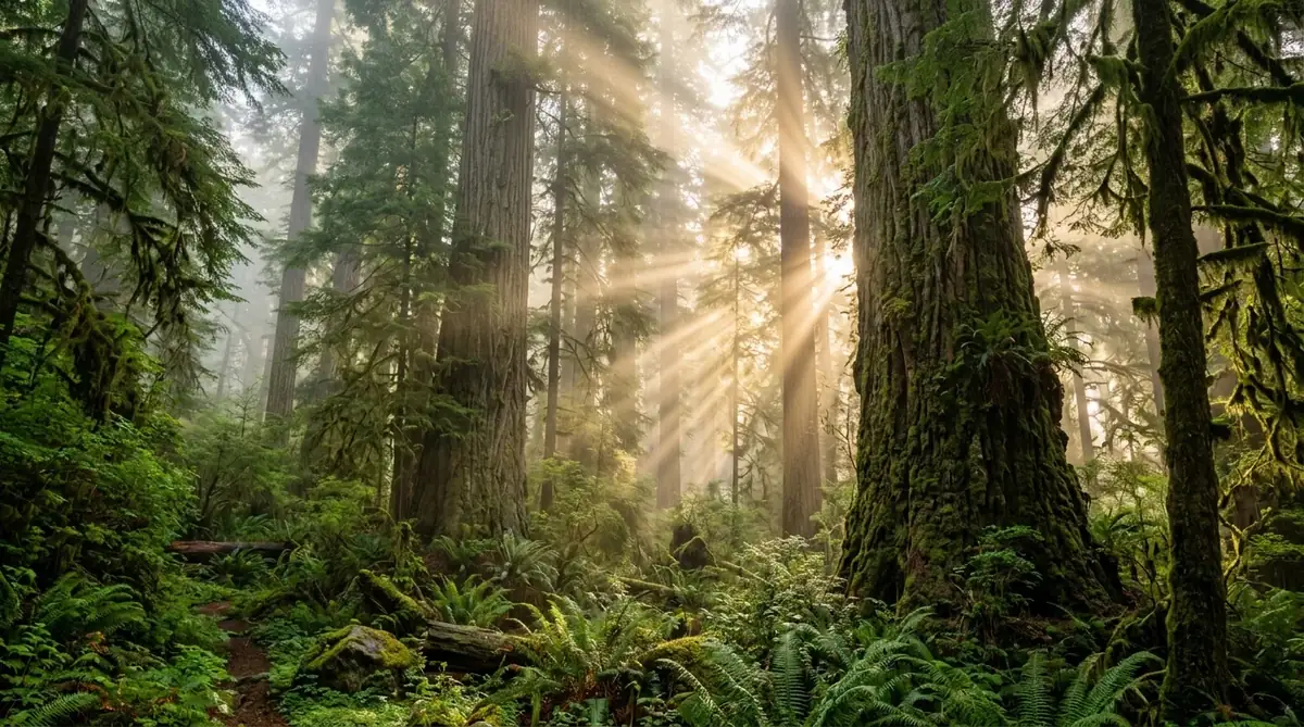 Ancient moss-draped temperate rainforest canopy in Western Europe