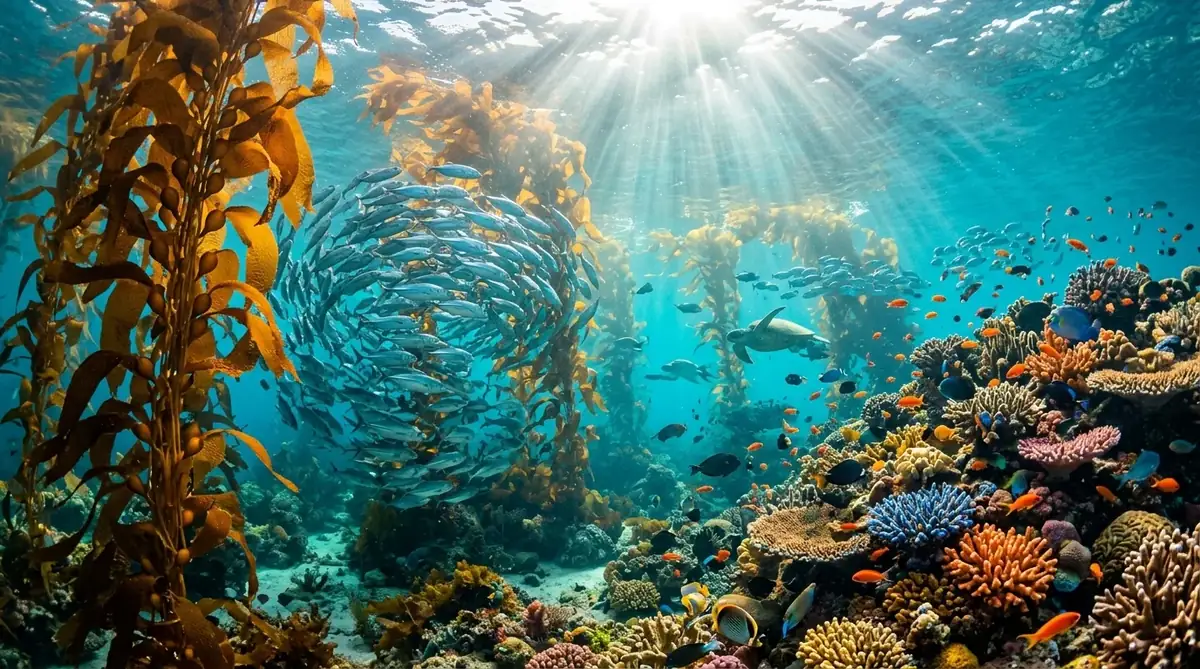 Vibrant coral reef ecosystem teeming with marine fish under crystal clear turquoise water