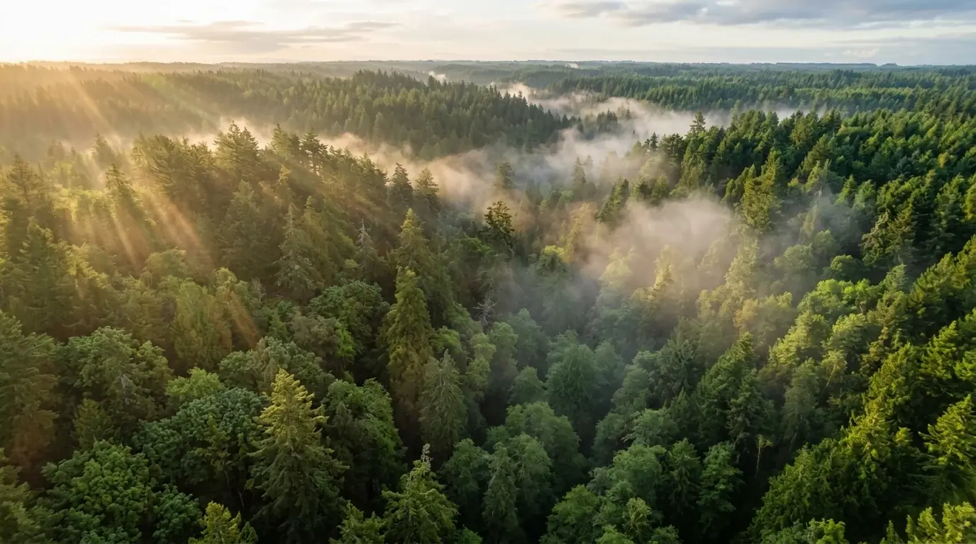 Lush emerald green forest canopy seen from above with morning mist