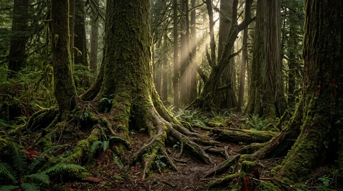 Towering old-growth trees with sunbeams illuminating the forest floor