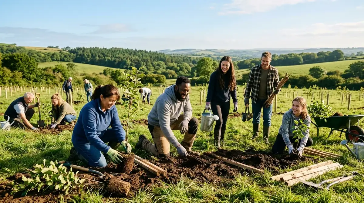 Community volunteers planting trees together in a green meadow