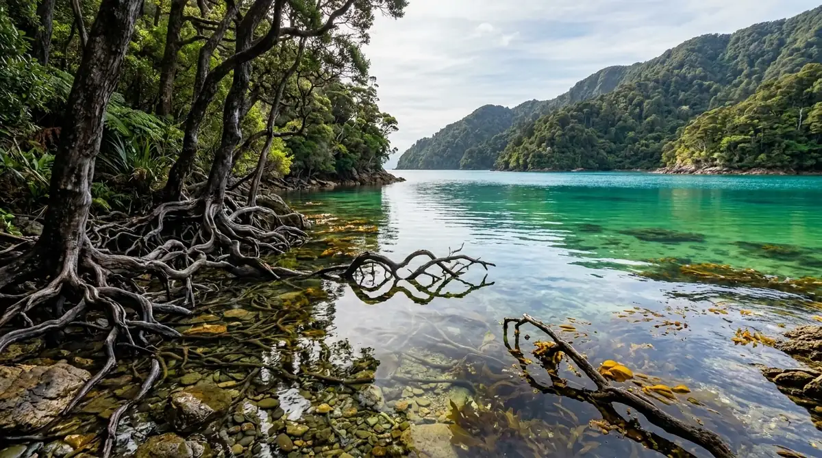 Coastal mangrove roots and pristine turquoise ocean waters