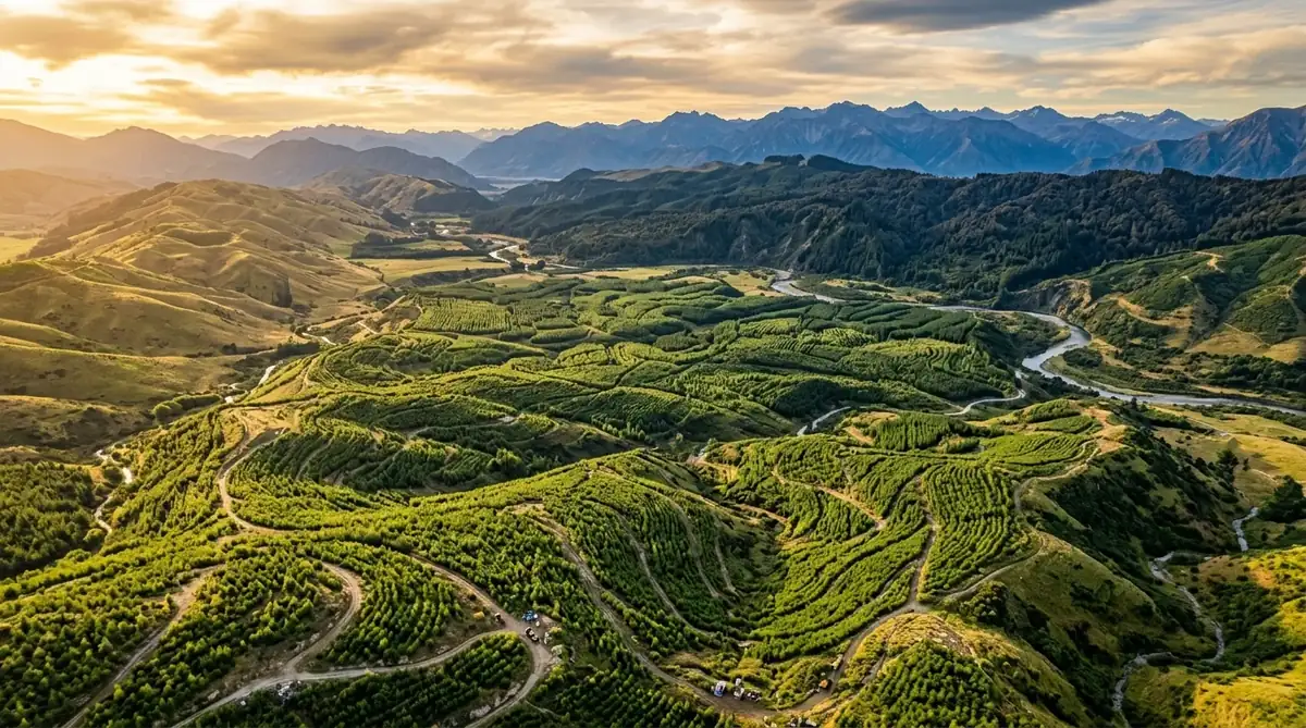 High angle vista of reforested valleys and planetary landscape