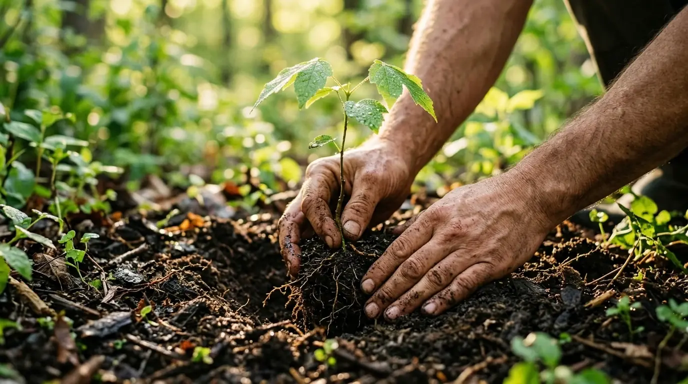 Human hands planting a young native sapling in rich dark soil
