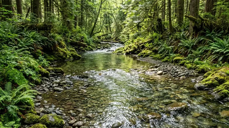Pristine clear forest stream flowing over mossy stones and ferns