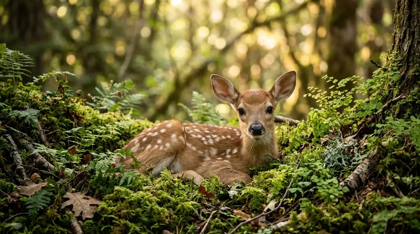 Forest wildlife nestled peacefully among moss, ferns, and ancient trees