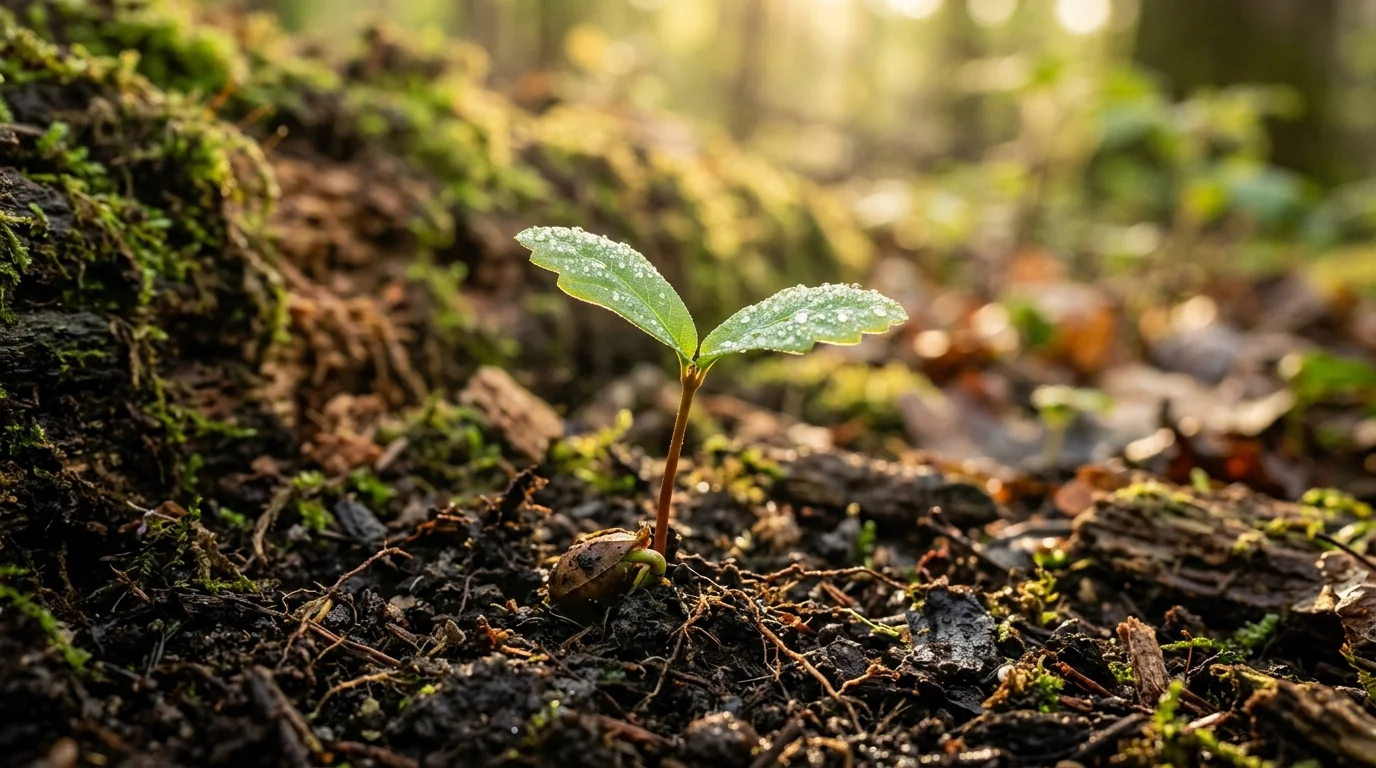 A delicate green tree seedling sprouting from rich dark organic forest soil in morning sunlight