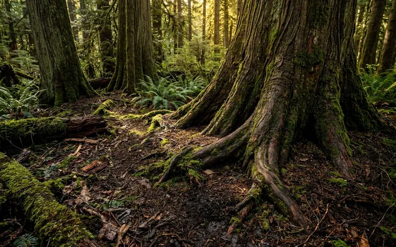 Old-growth forest soil and root systems sequestering atmospheric carbon
