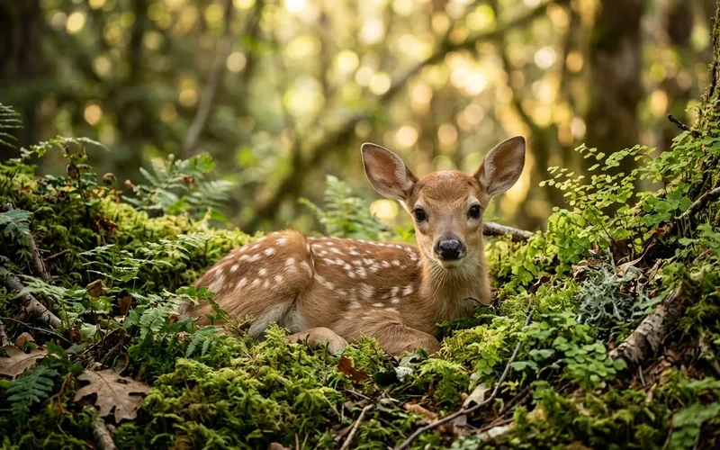 Ancient moss-draped forest canopy teeming with diverse wildlife