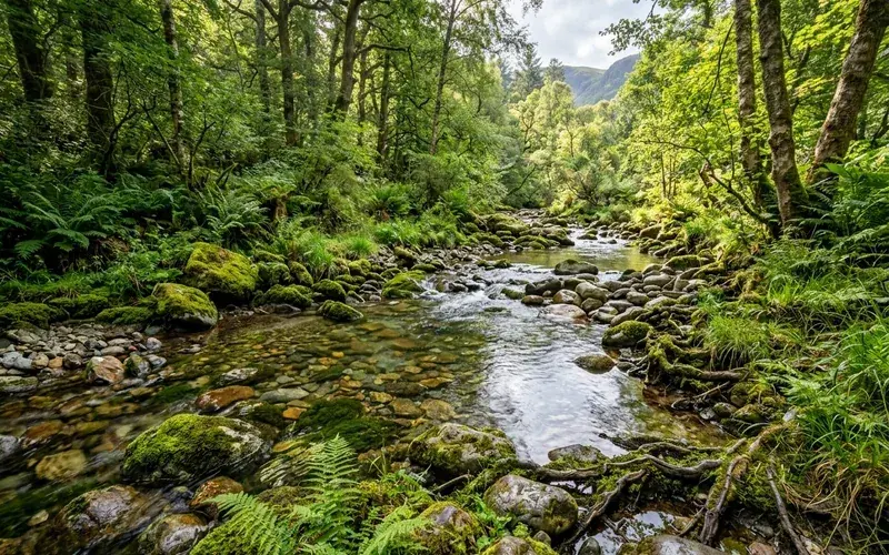 Pristine mountain stream filtered through riparian tree roots and stones