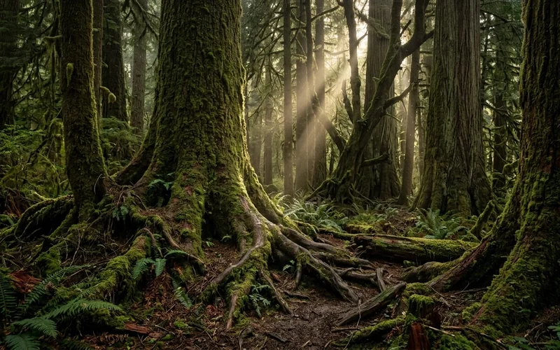 Towering Coast Redwood (Sequoia sempervirens) trees shrouded in morning coastal fog